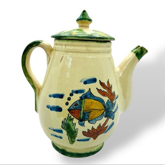 70’s VTG Mexican Pottery Pitcher Hand Painted Fish Artist Signed Folk Tropical - Picture 2 of 13